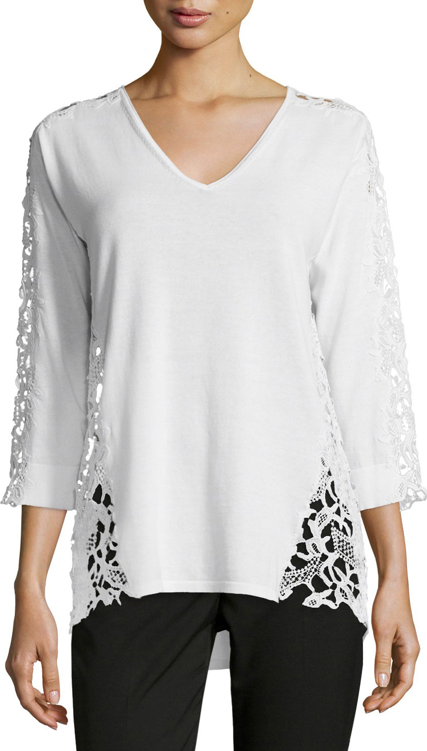 Magaschoni 3/4-Sleeve Lace-Inset Sweater, Blanc