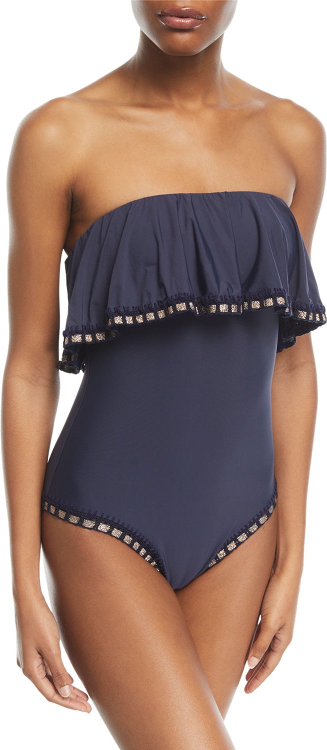Platinum Inspired by Solange Ferrarini Crochet-Trim Flutter One-Piece Bandeau Swimsuit