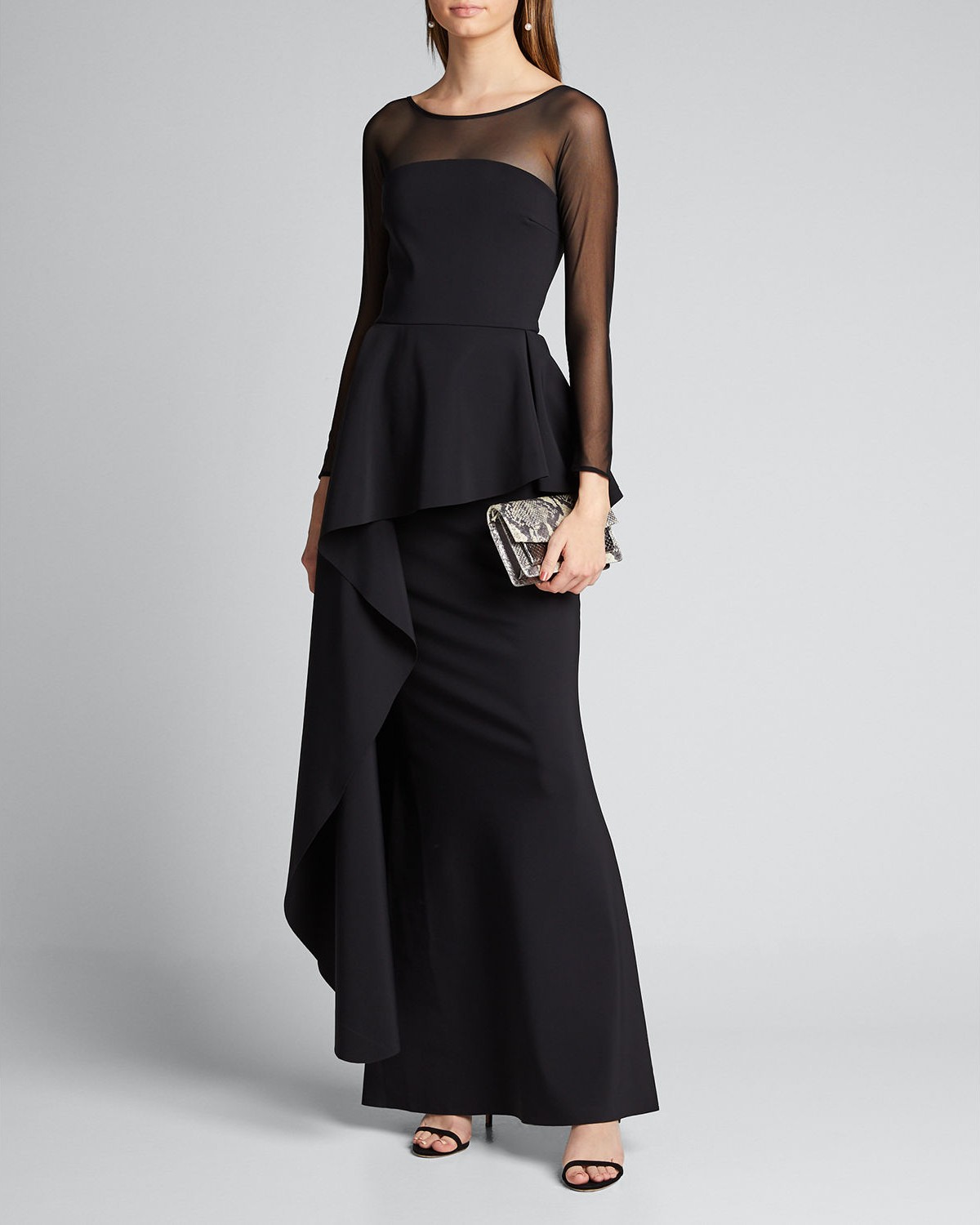 La Petite Robe di Chiara Boni High-Neck Long-Sleeve Illusion Gown w/ Elongated Peplum