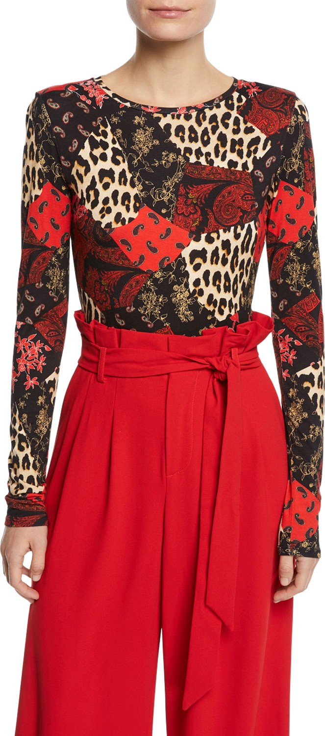 Alice + Olivia Delaina Long-Sleeve Crewneck Top