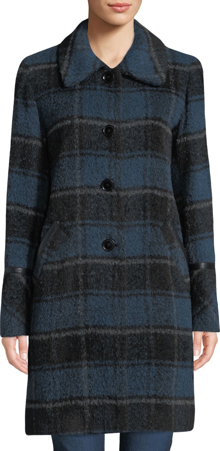 Sofia Cashmere Plaid Alpaca Car Coat w/ Leather Trim