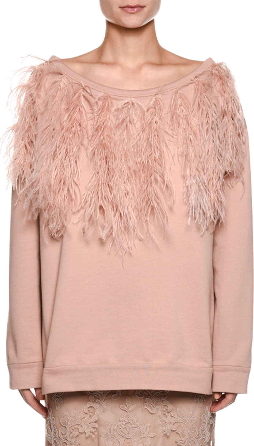 Nº21 Bateau-Neck Long-Sleeve Sweatshirt w/ Feather Trim
