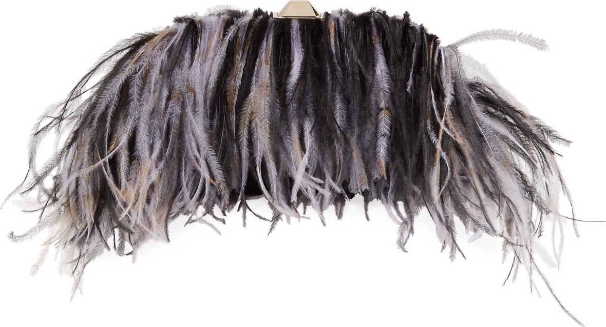 Giambattista Valli Satin Ostrich Feather Clutch Bag  Black/Purple
