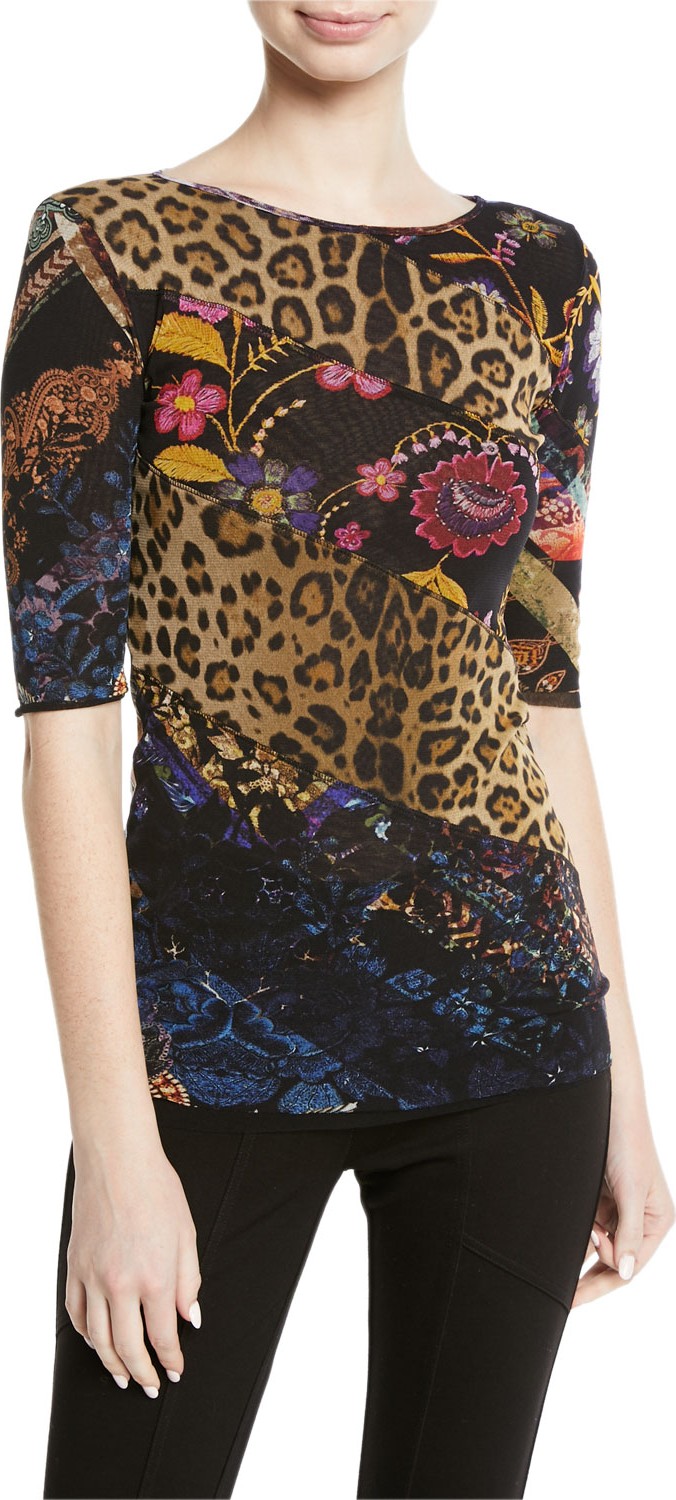 Fuzzi Leopard Patchwork Tulle Half-Sleeve Top