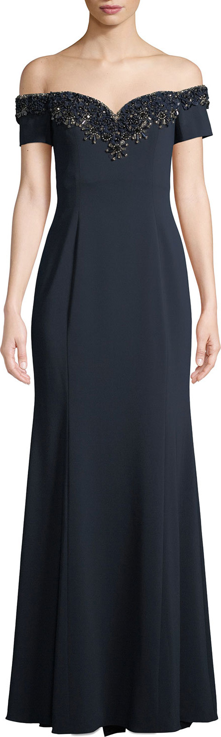 Badgley Mischka Off-the-Shoulder Gown w/ Embellished Collar