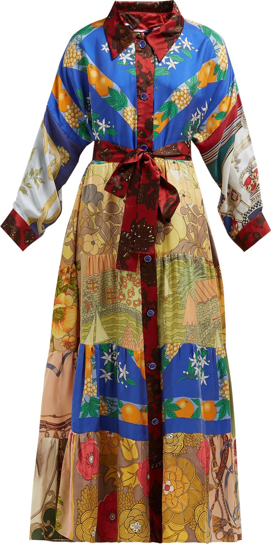 Rianna + Nina Vintage patchwork belted silk maxi shirtdress
