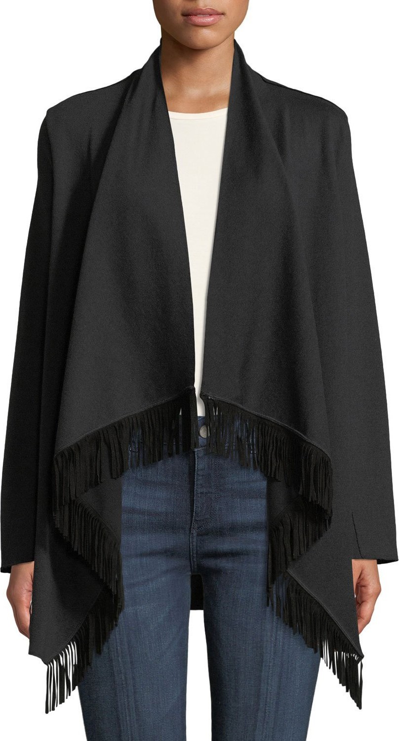 Majestic Long-Sleeve Waterfall Cardigan with Suede Fringe