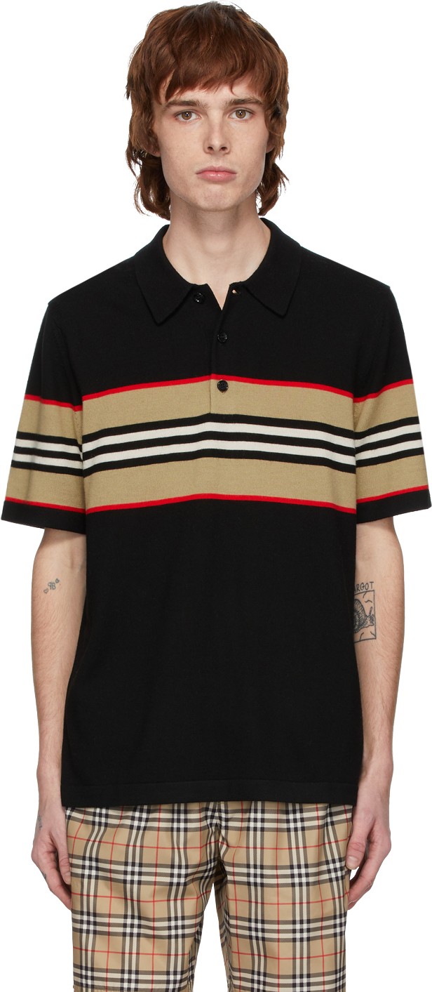 Burberry London England Black Merino Foxford Icon Stripe Polo Burberry London England Black Merino Foxford Icon Stripe Polo
