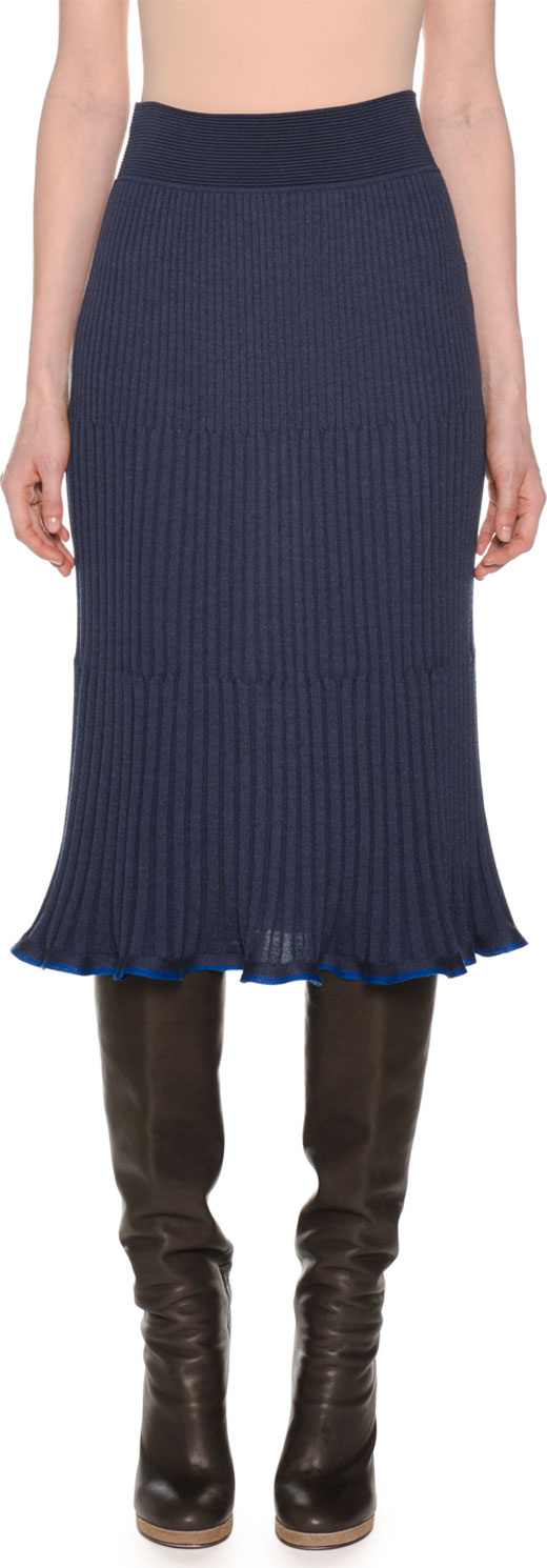 Agnona Ribbed A-Line Below-Knee Pull-On Wool-Blend Skirt