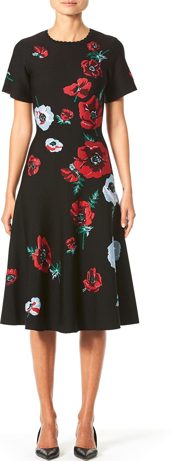 Carolina Herrera Short-Sleeve Poppy-Print Knit Dress