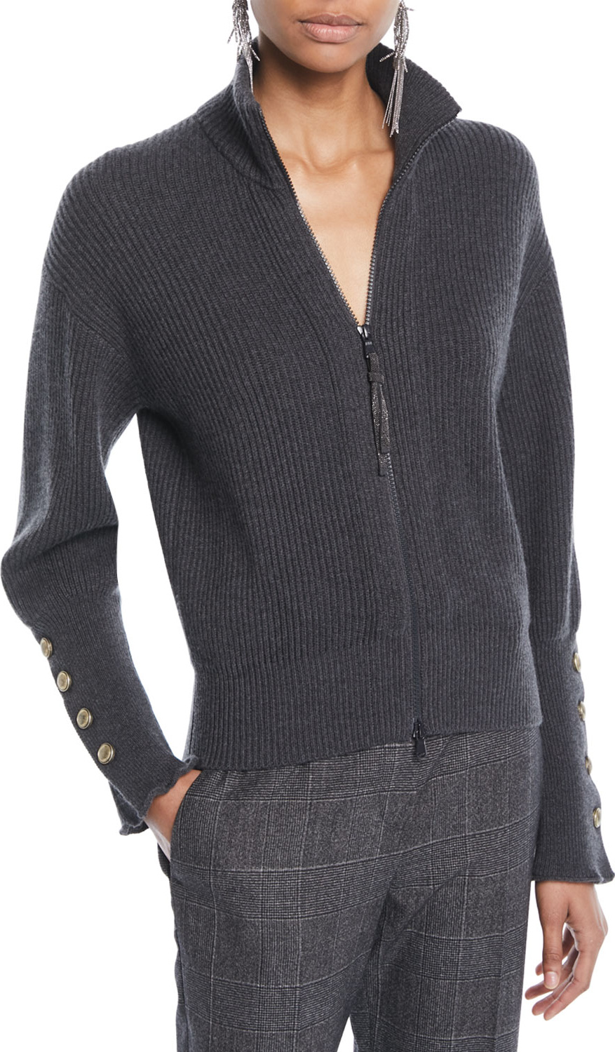 Brunello Cucinelli Mock-Neck Zip-Front Ribbed Cashmere Jacket w/ Brass Buttons on Cuff
