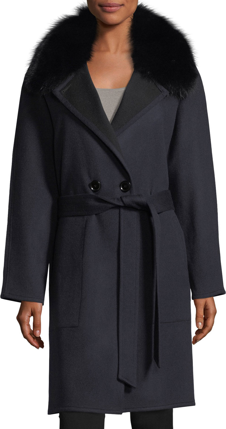 Sofia Cashmere Double-Faced Raglan Sleeve Fox-Fur Wrap Coat