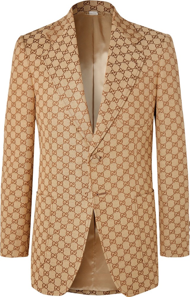Gucci Beige Slim-Fit Logo-Jacquard Cotton-Blend Suit Jacket