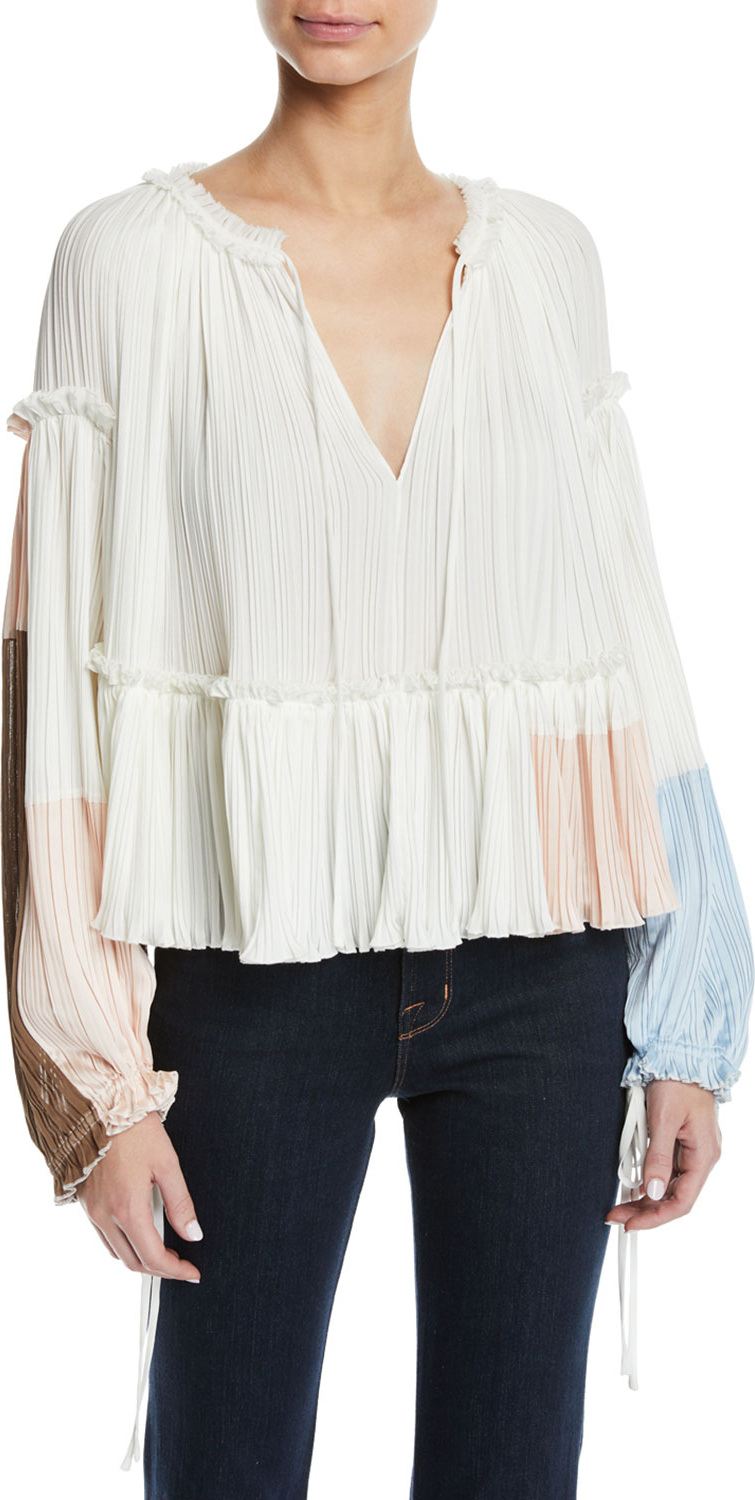3.1 Phillip Lim Pleated Colorblock Long-Sleeve Ruffle Top
