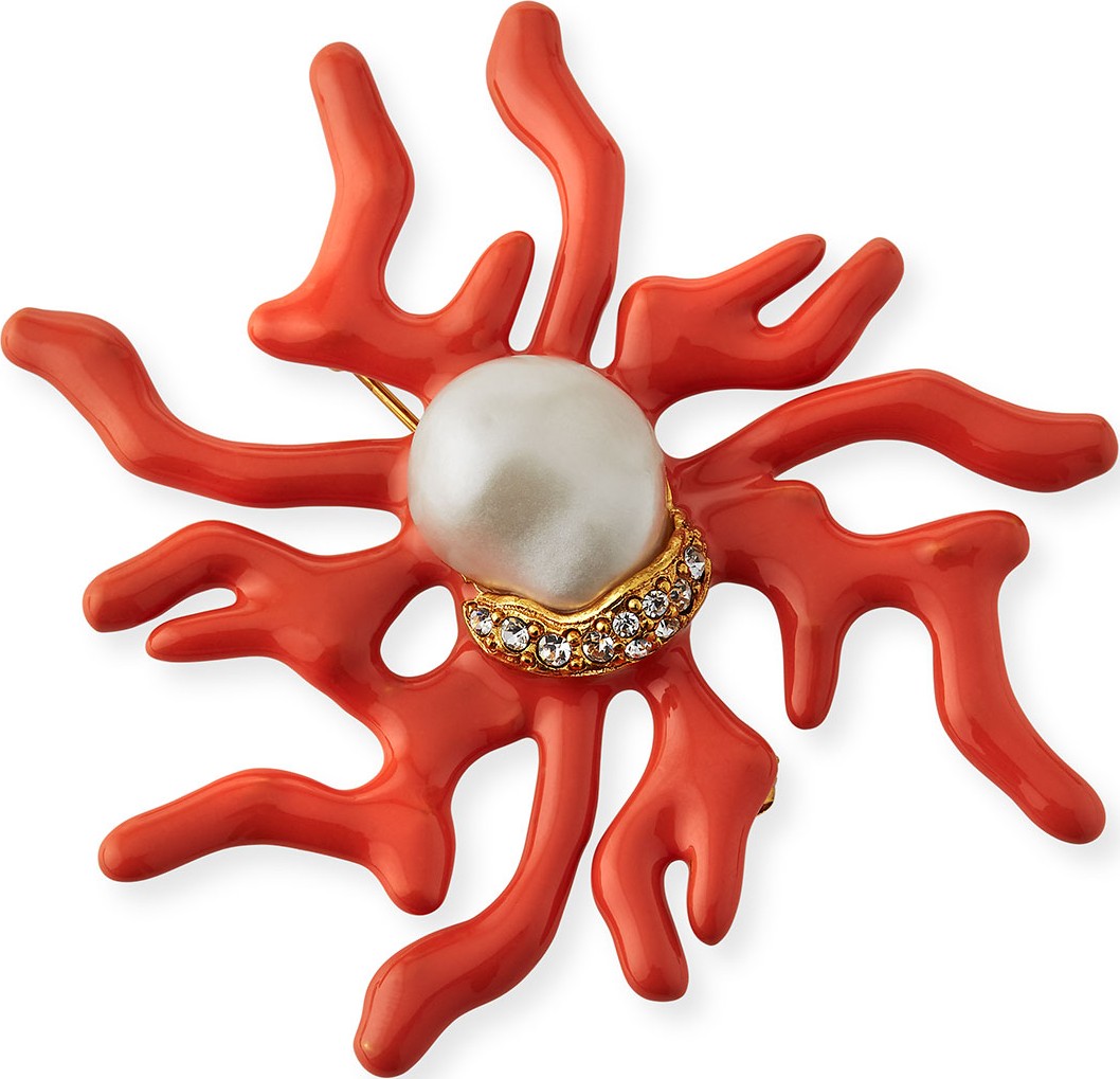 Oscar De La Renta Coral Branch Brooch w/ Crystals