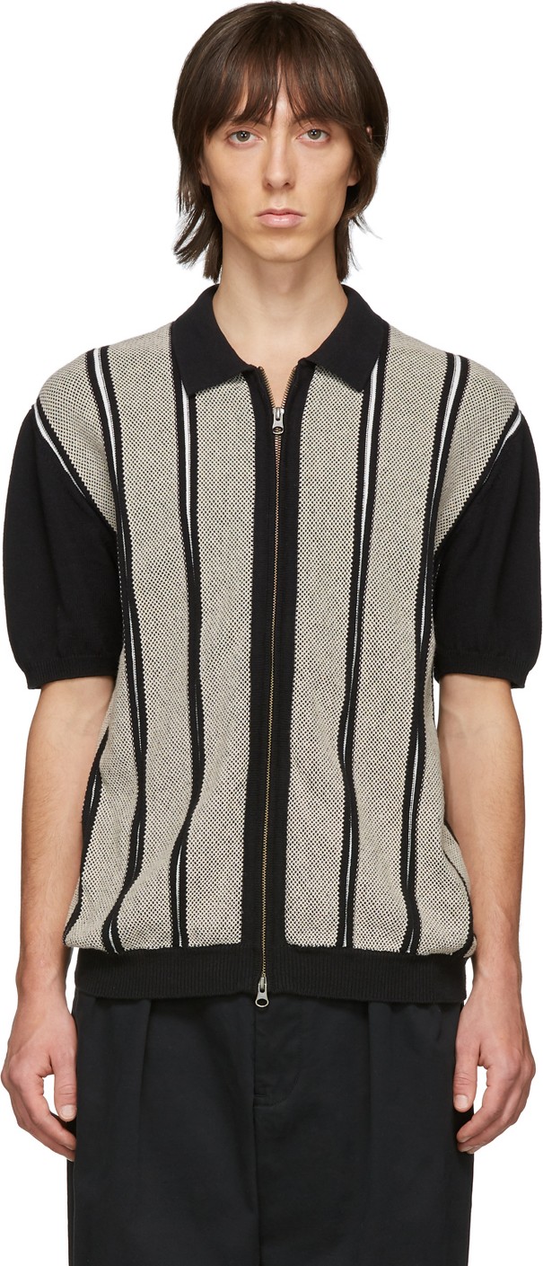 Beams Plus Black & Beige Zip Knit Polo