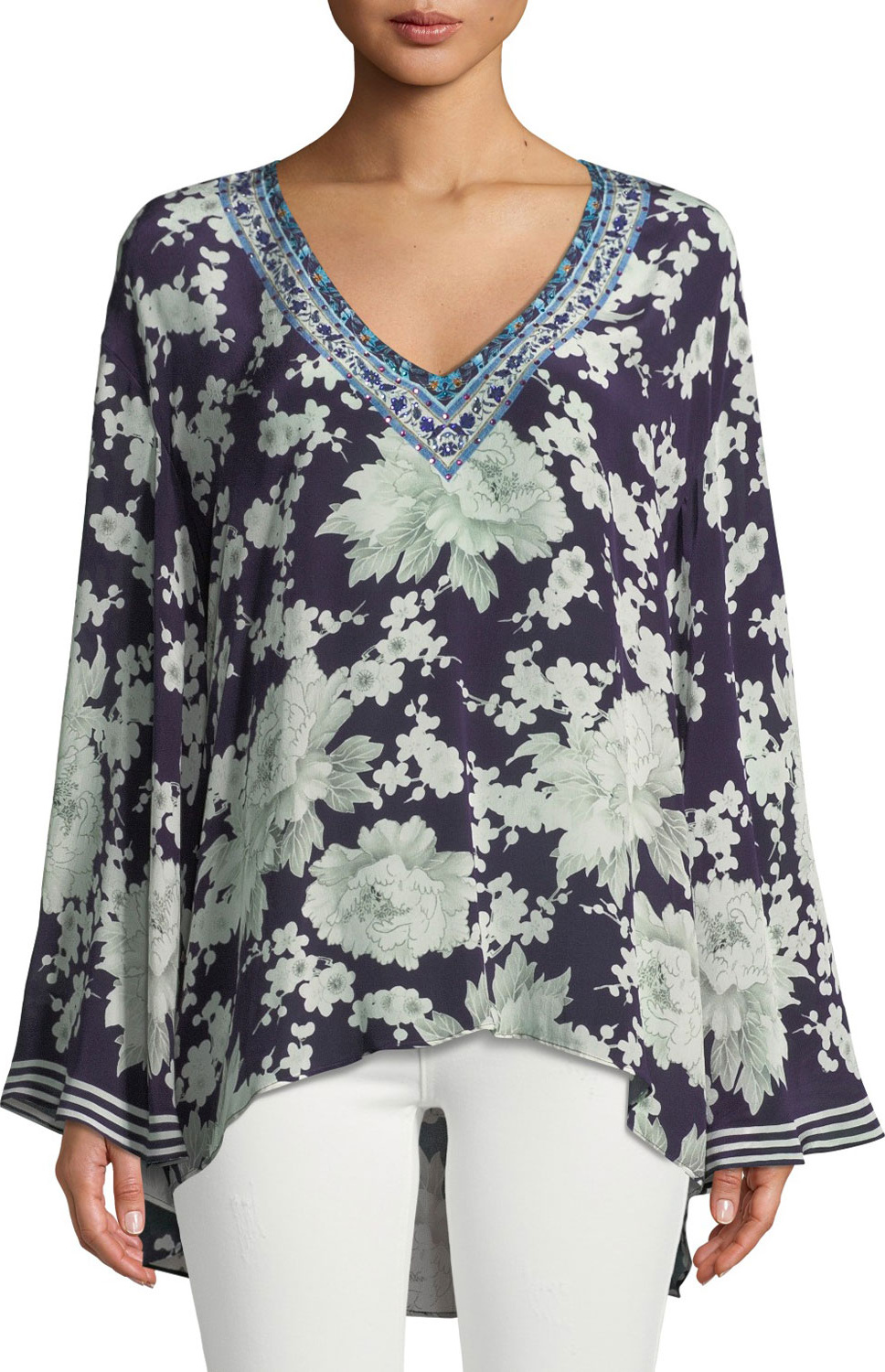 Camilla Embellished Floral-Print Silk V-Neck A-Line Blouse