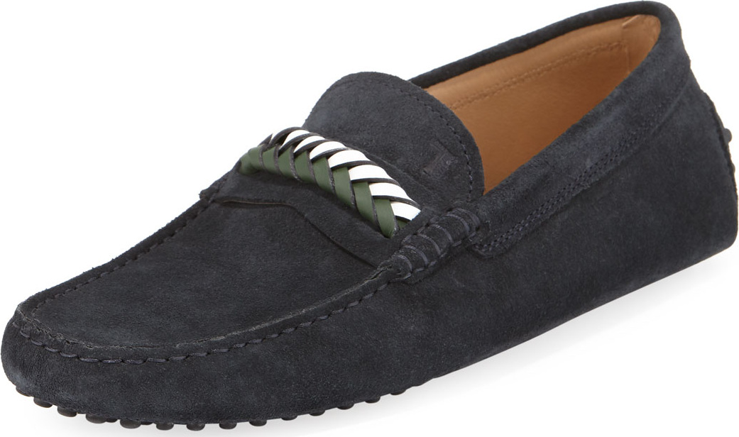 Tod's Braided-Vamp Suede Driver, Navy