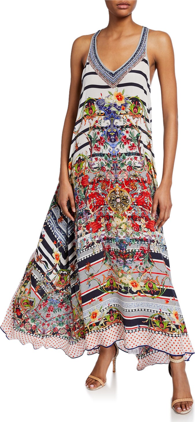 Camilla Mixed-Print V-Neck Racerback Silk Maxi Dress