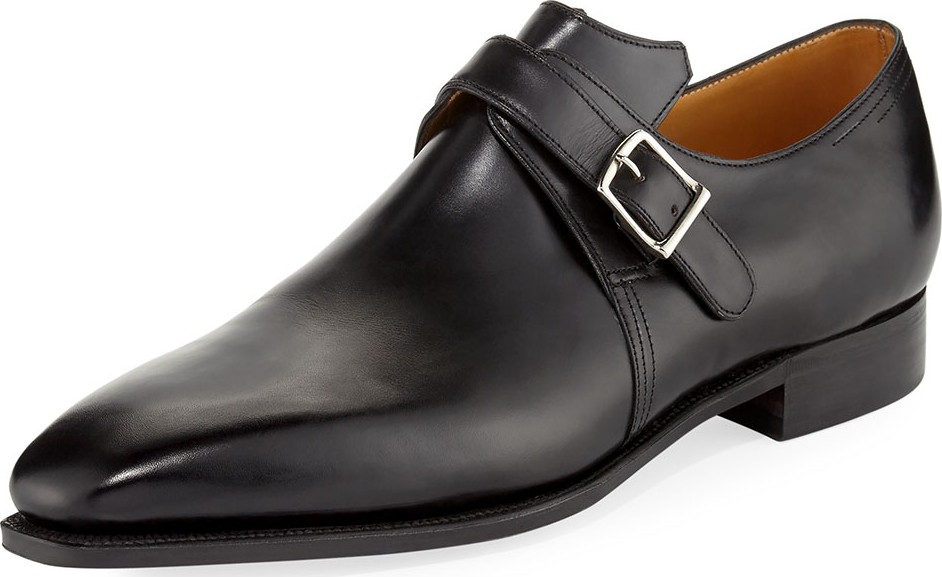 Corthay Arca Calf Leather Monk Shoe, Black