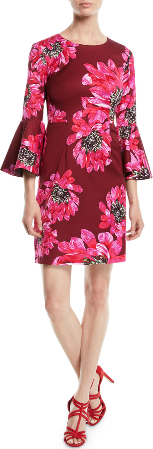 Trina Turk Trumpet-Sleeve Sheath Dress in Macro Floral Print