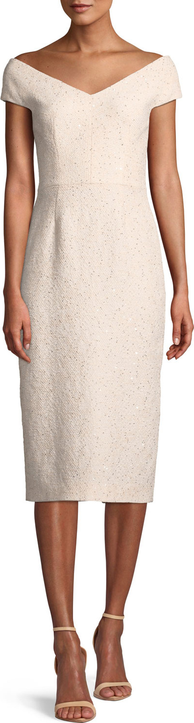 Lela Rose Open-Neck Cap-Sleeve Fitted Sequin Tweed Cocktail Dress