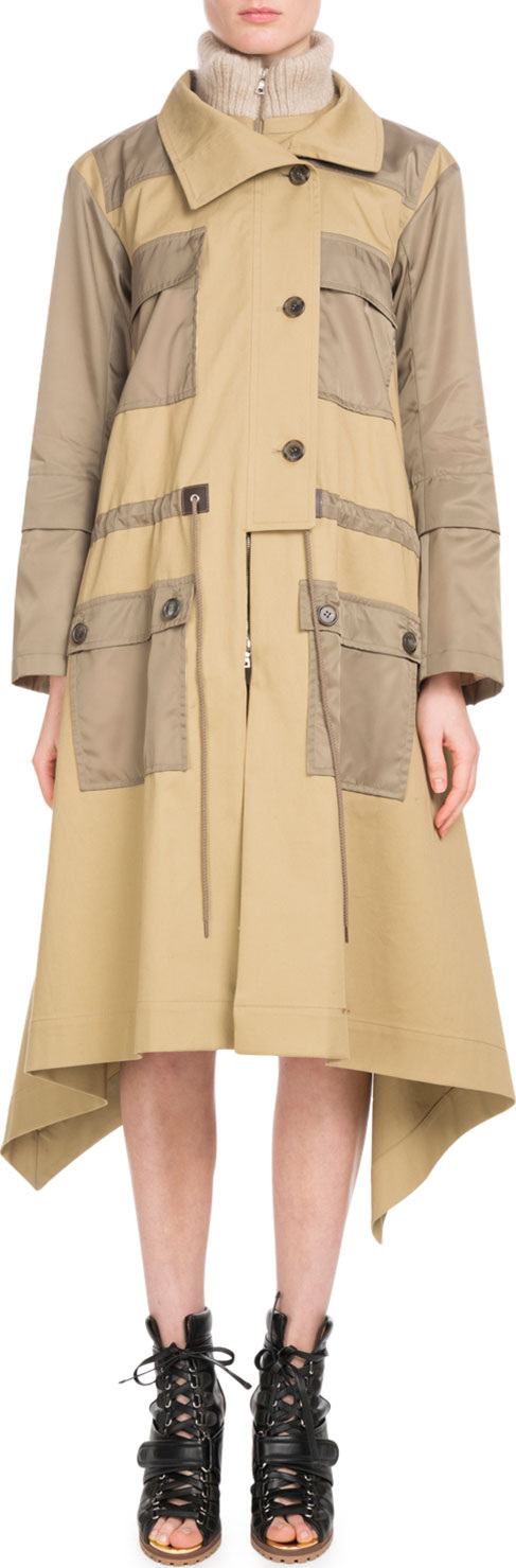 Chloe Zip-Front Mid-Calf Parka Coat w/ Nylon Patch Pockets
