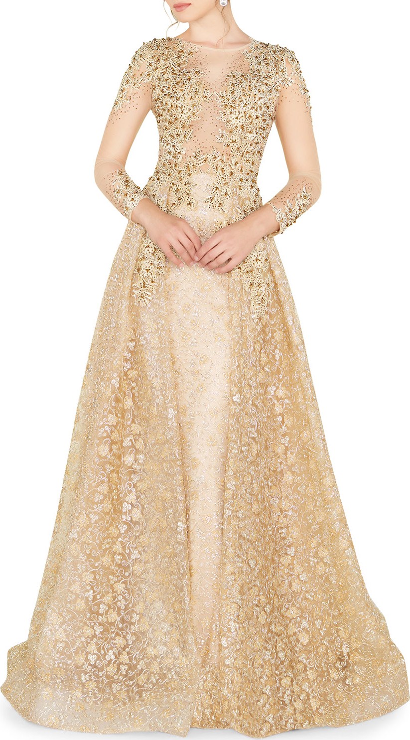 Mac Duggal High-Neck 3/4-Sleeve Lace Overlay Illusion Gown w/ Bead Embellishment