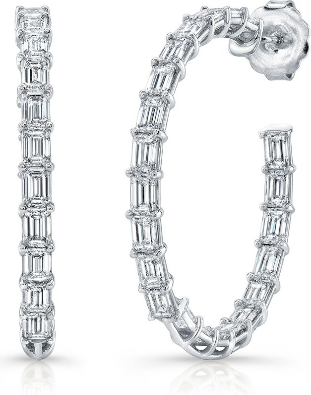 Norman Silverman 18k White Gold Emerald-Cut Diamond Hoop Earrings