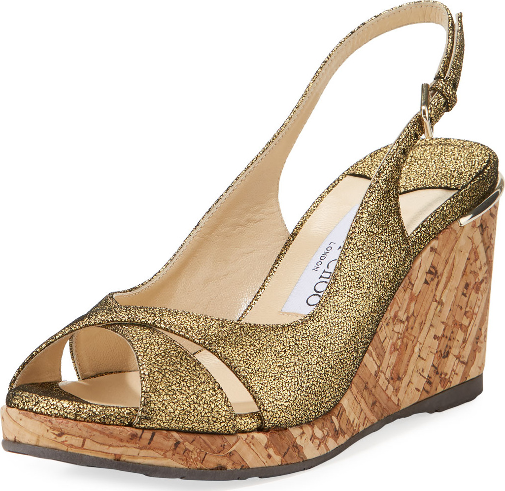 Jimmy Choo Amely 80mm Crackled Leather Cork Wedge Sandal