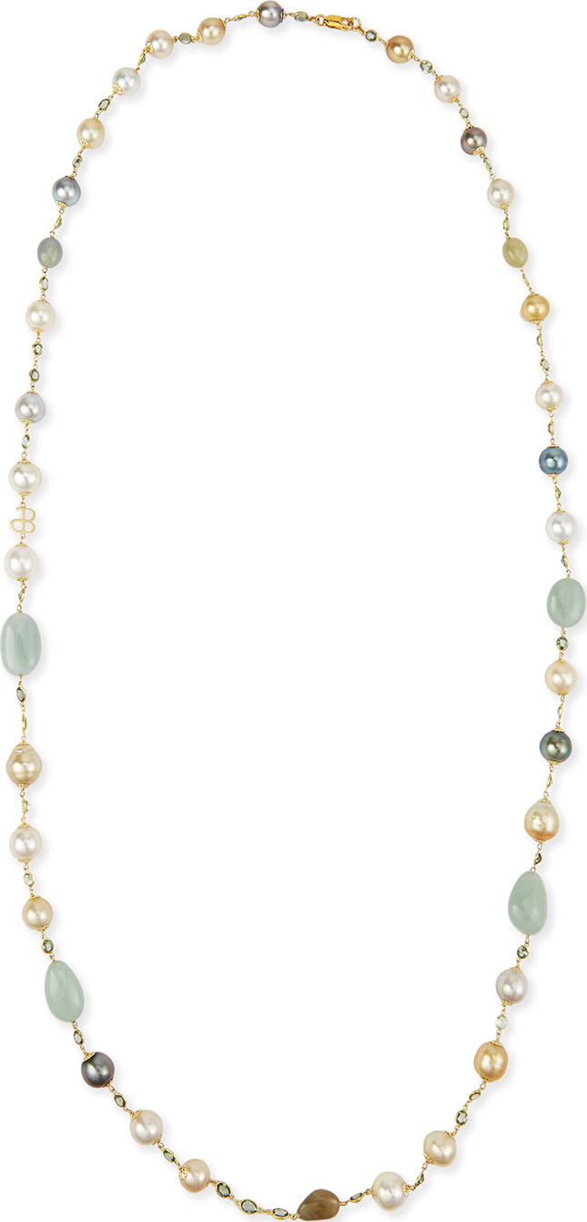 Belpearl 18K Gold Mixed Pearl, Green Sapphire & Aquamarine Necklace, 42"