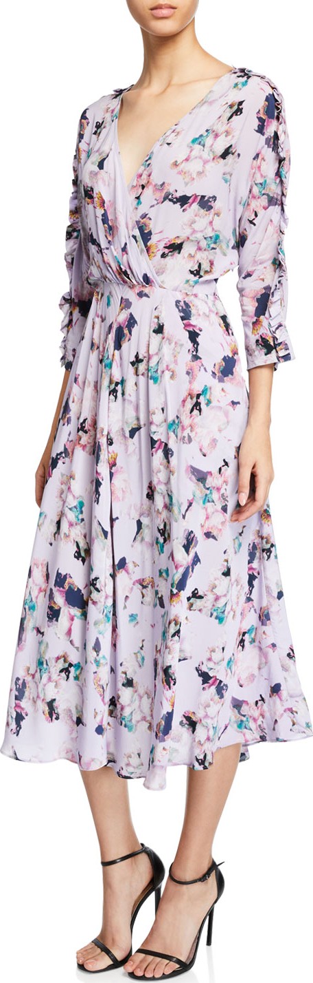 IRO Liky Ruffle Floral-Print 3/4-Sleeve Midi Dress