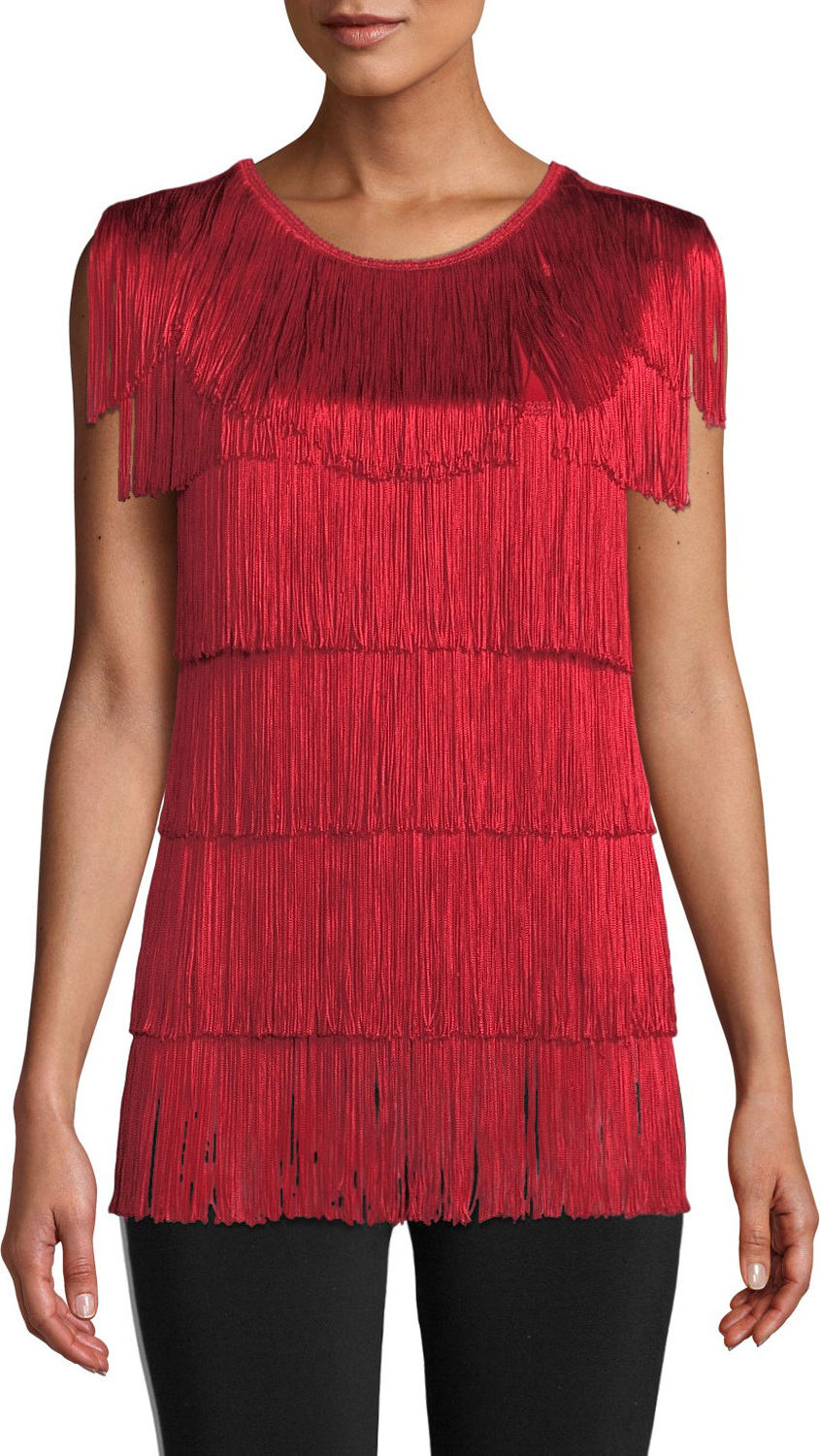 Norma Kamali Sleeveless Crewneck Fringe Tee