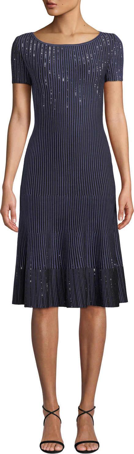 St. John Bateau-Neck Short-Sleeve Luxe Ottoman Knit Fit-and-Flare Dress w/ Sequins