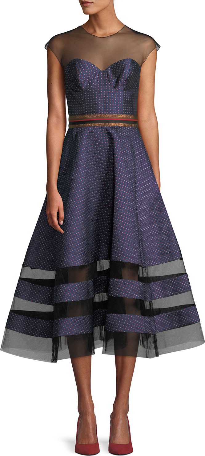 Sachin & Babi Andrea Dotted Midi Dress w/ Sheer Yoke