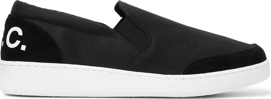 A.P.C. Cole Logo-Print Suede-Trimmed Canvas Slip-On Sneakers A.P.C. Cole Logo-Print Suede-Trimmed Canvas Slip-On Sneakers