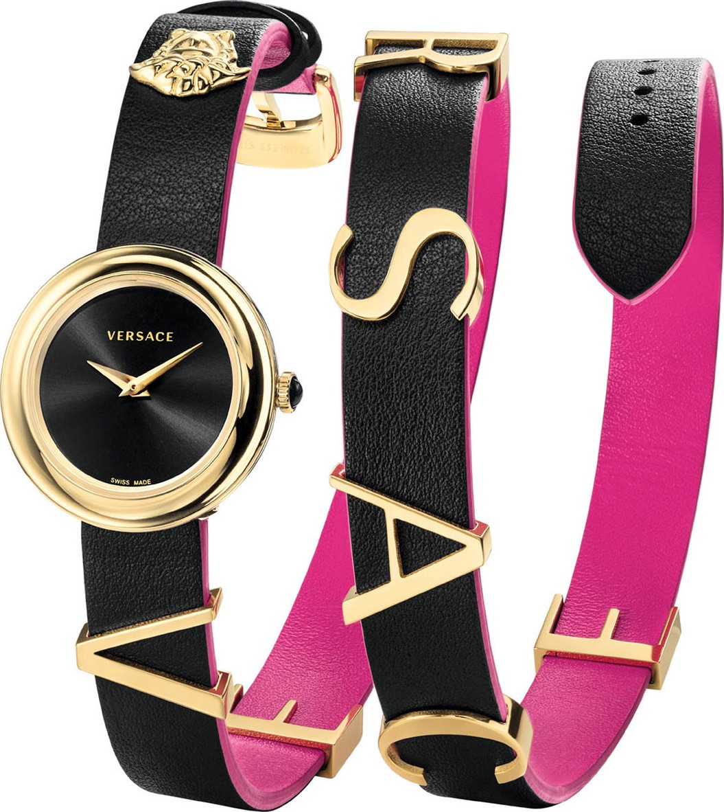Versace 28mm V-Flare Leather Wrap Watch, Pink/Black