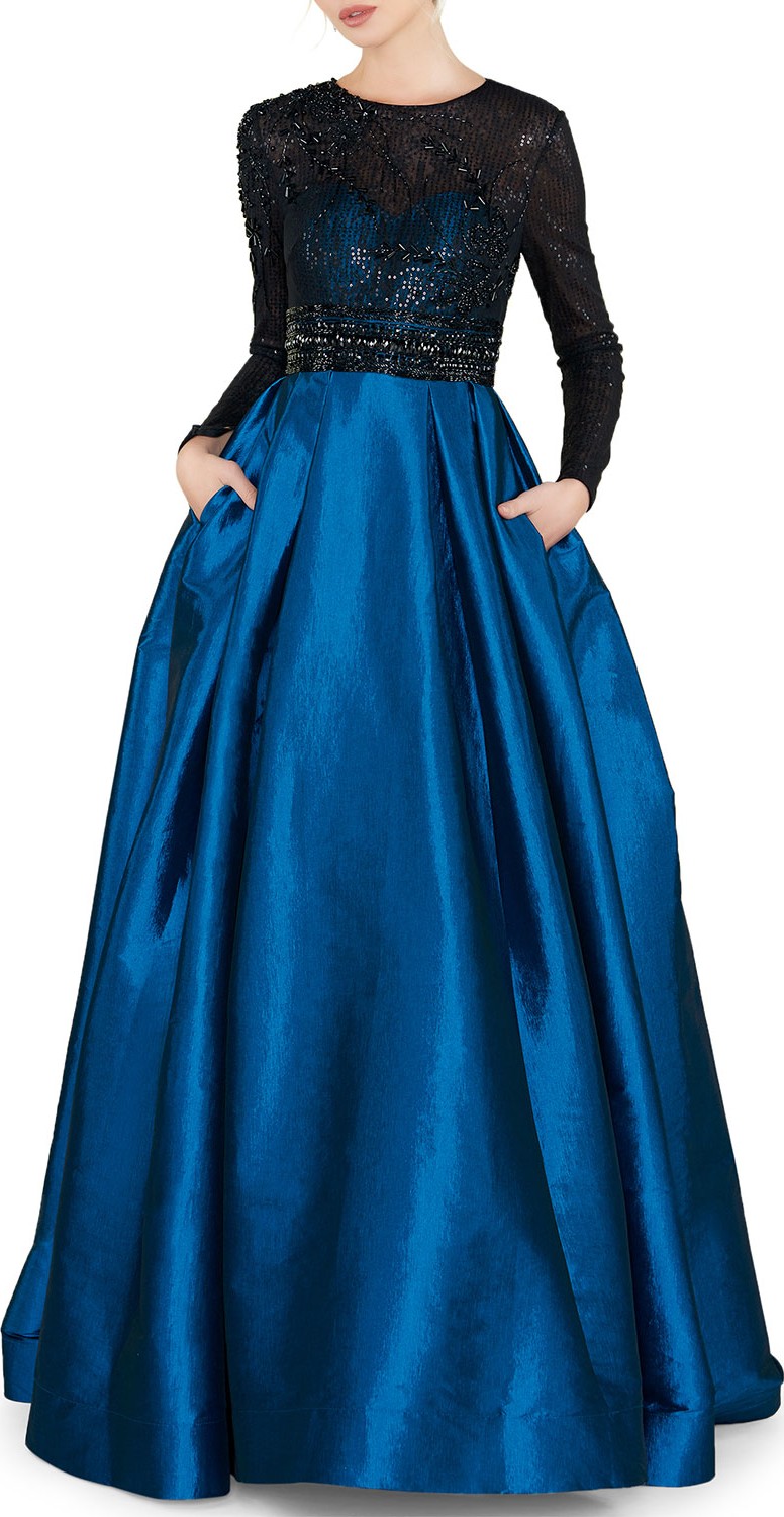 Mac Duggal Sequin Embellished High-Neck Illusion Long-Sleeve Taffeta Ball Gown