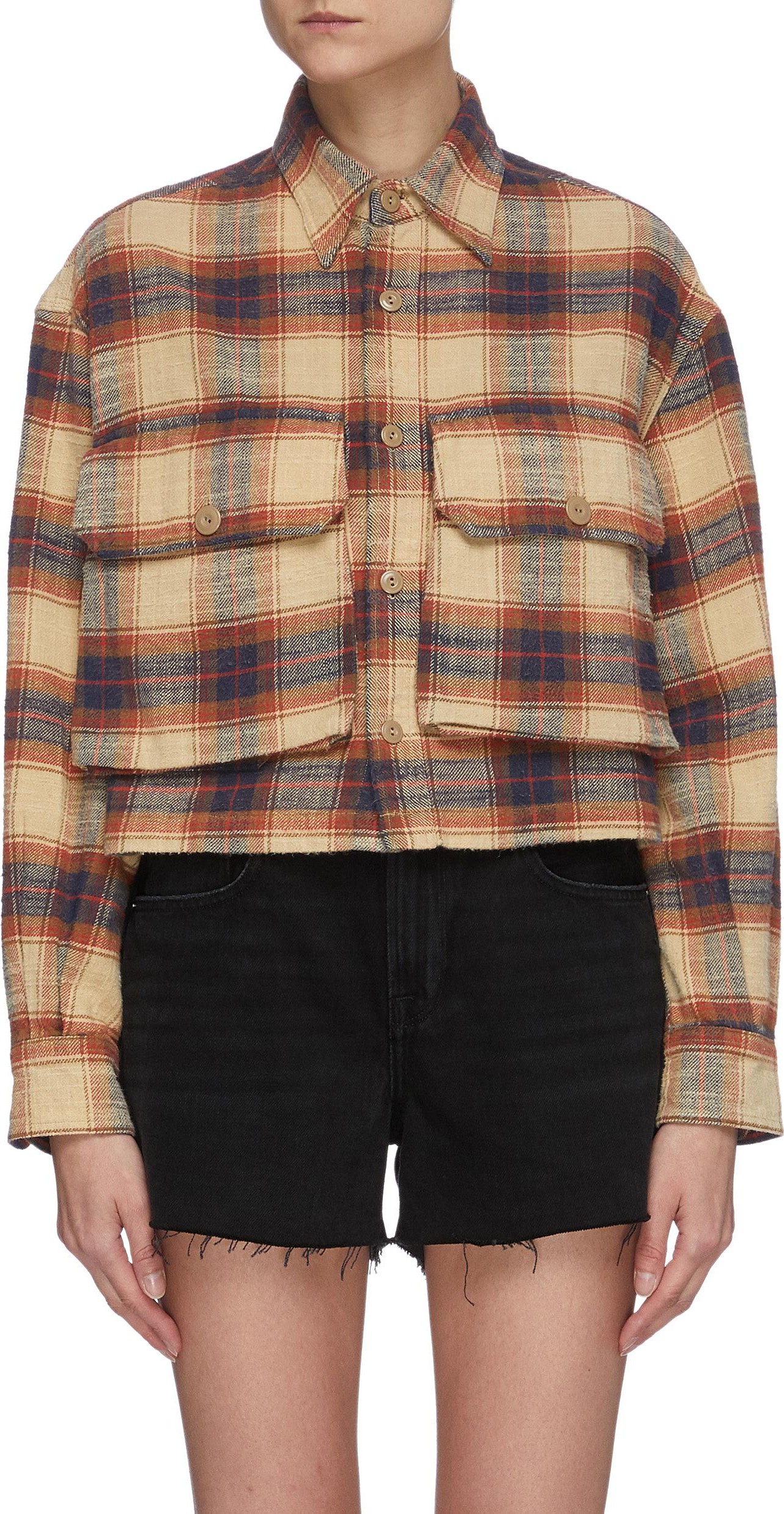 R13 Check plaid print oversized crop shirt