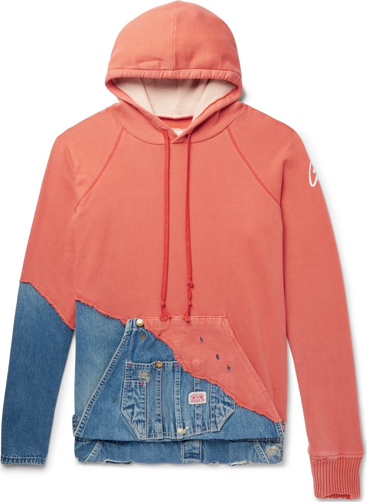 Greg Lauren Paneled Distressed Loopback Cotton-Jersey and Denim Hoodie