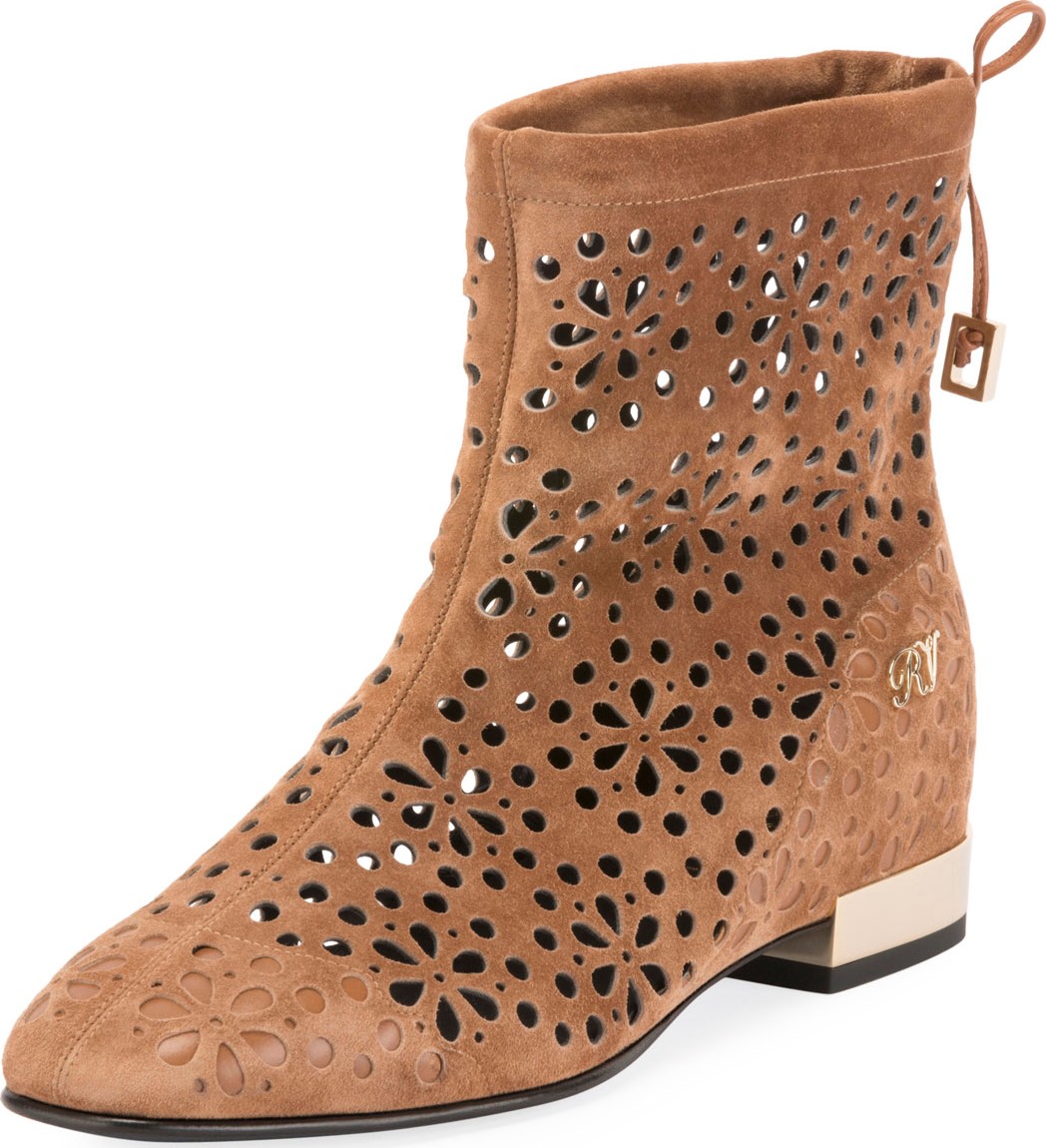Roger Vivier Floral-Perforated Suede Flat Booties