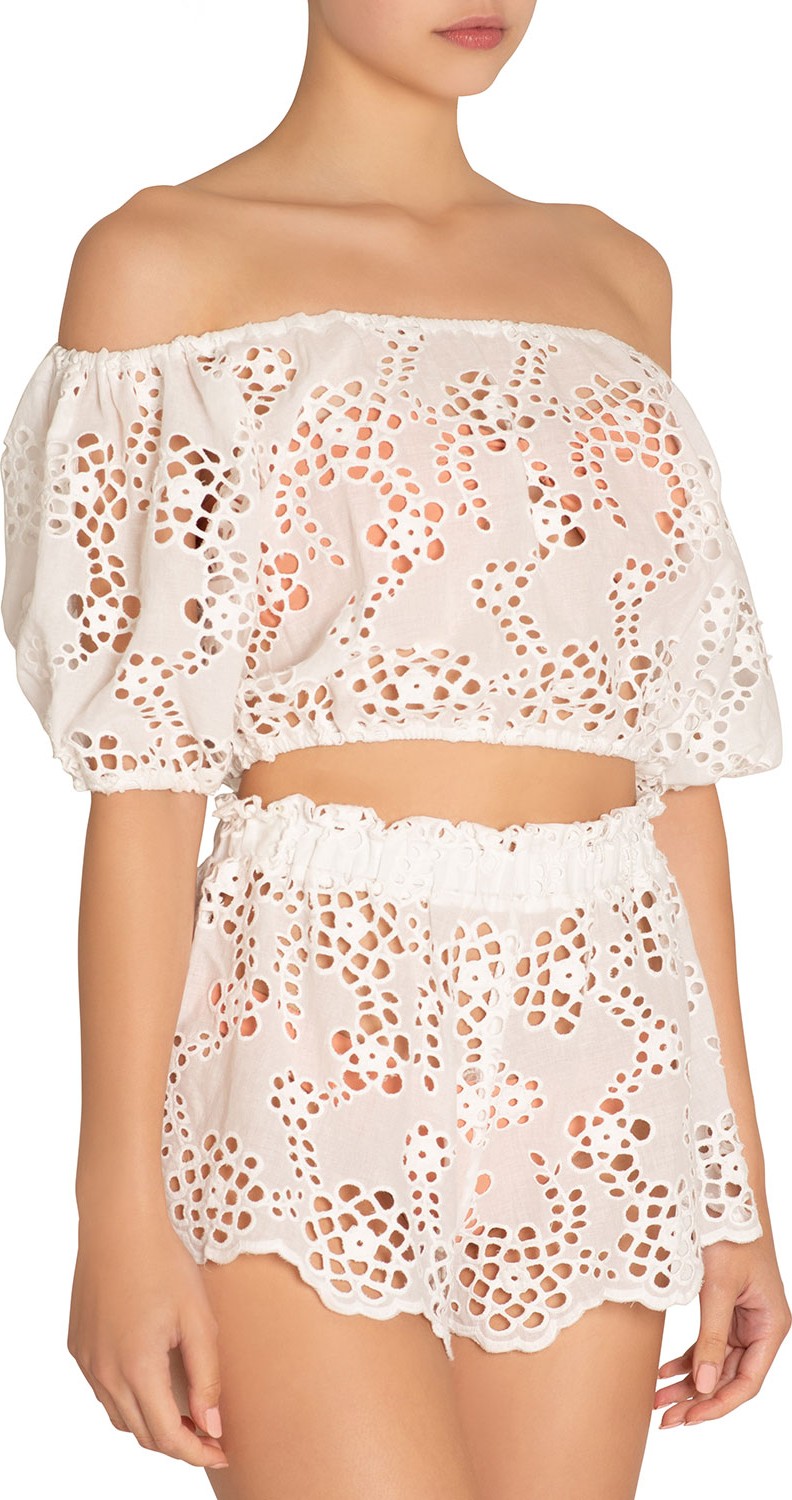 Eberjey Charlotte Off-Shoulder Cropped Eyelet Coverup Top