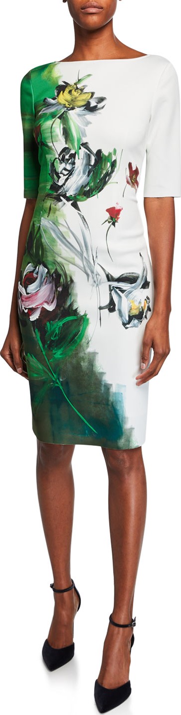Rickie Freeman for Teri Jon Border-Print Bateau-Neck Elbow-Sleeve Scuba Dress