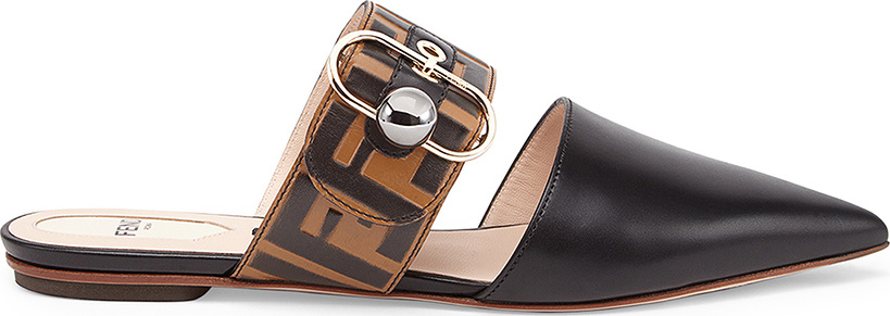 Fendi Logo Print Leather Slides