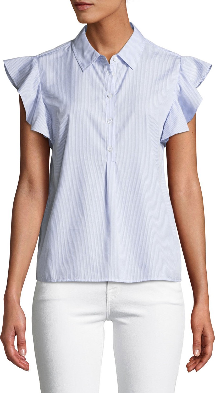FRAME DENIM Flounce Popover Button-Front Cotton Shirt