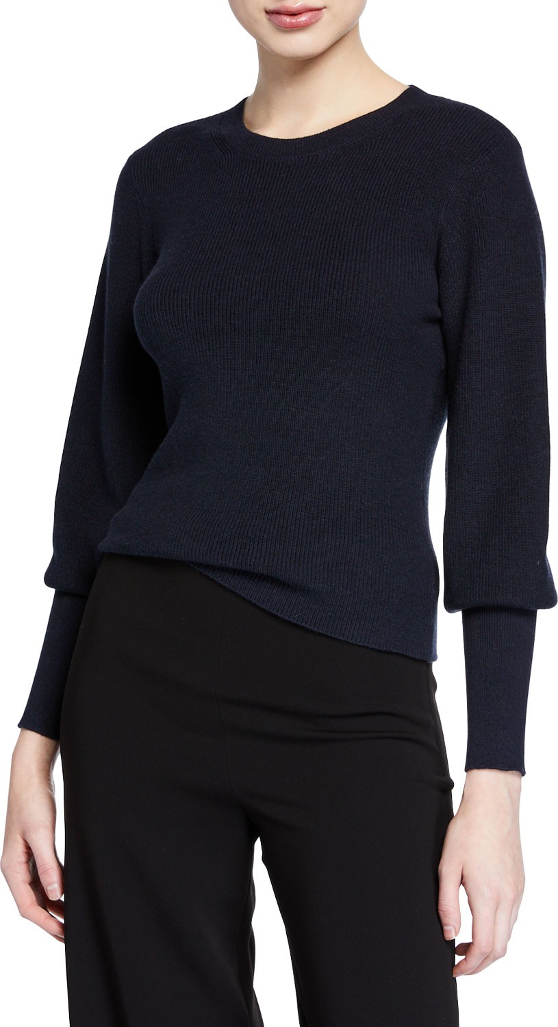 Theory Blouson-Sleeve Ribbed Cotton-Cashmere Sweater