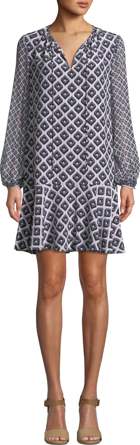 DIANE von FURSTENBERG Printed Blouson-Sleeve Keyhole Flounce Dress