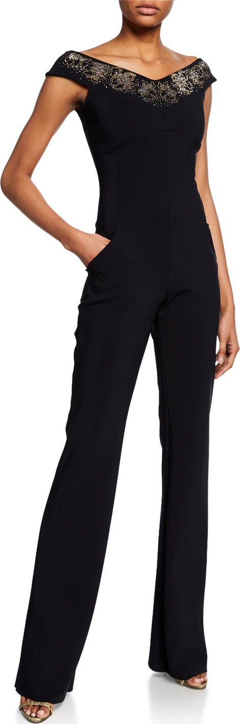 La Petite Robe di Chiara Boni Eirini Off-the-Shoulder Cap-Sleeve Jumpsuit with Beaded Neckline