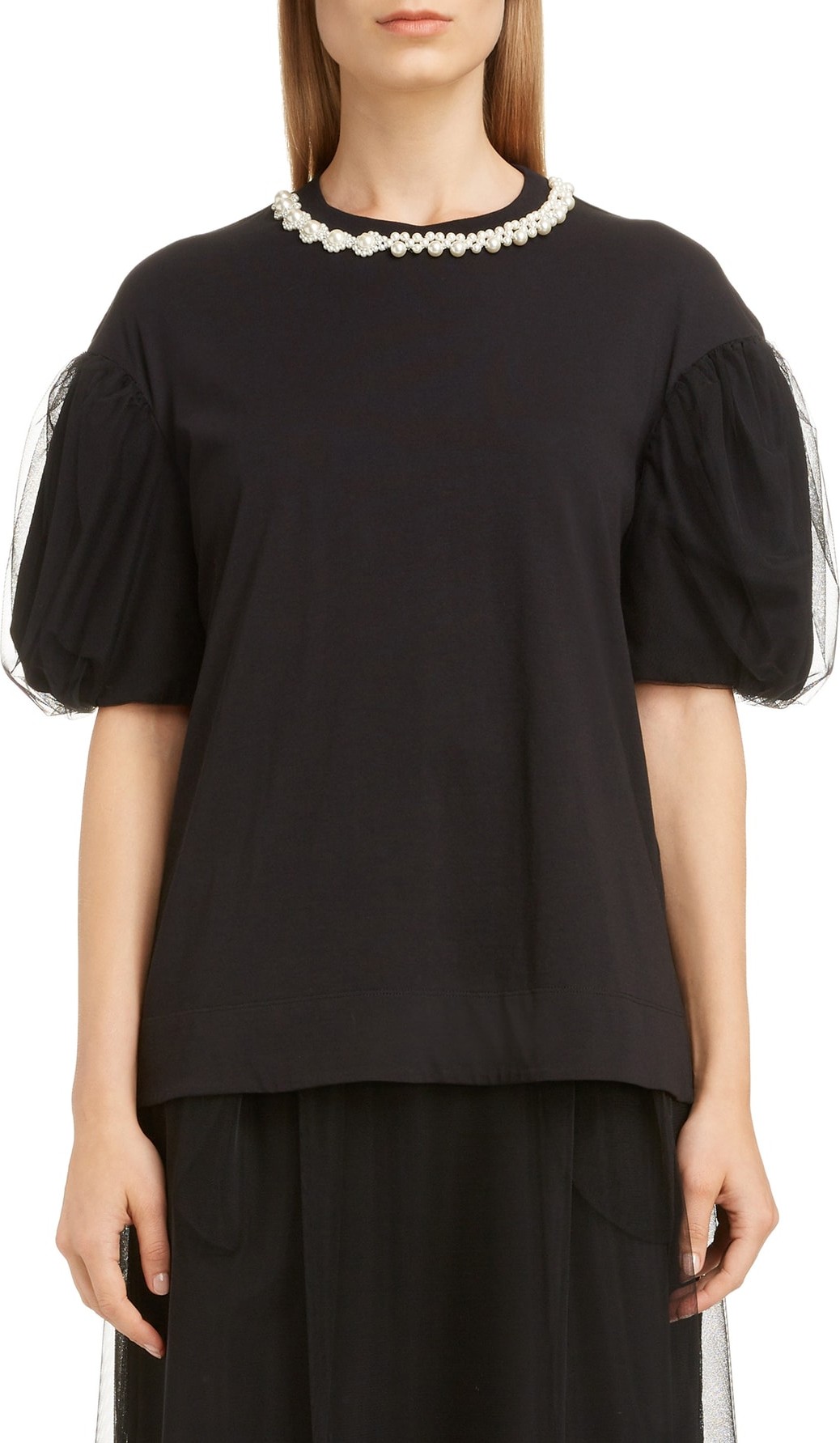 Simone Rocha Imitation Pearl Embellished Layered Tulle Tee