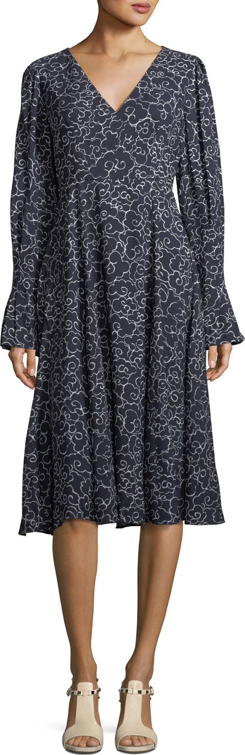 Alexa Chung V-Neck Long-Sleeve A-Line Printed Midi Dress